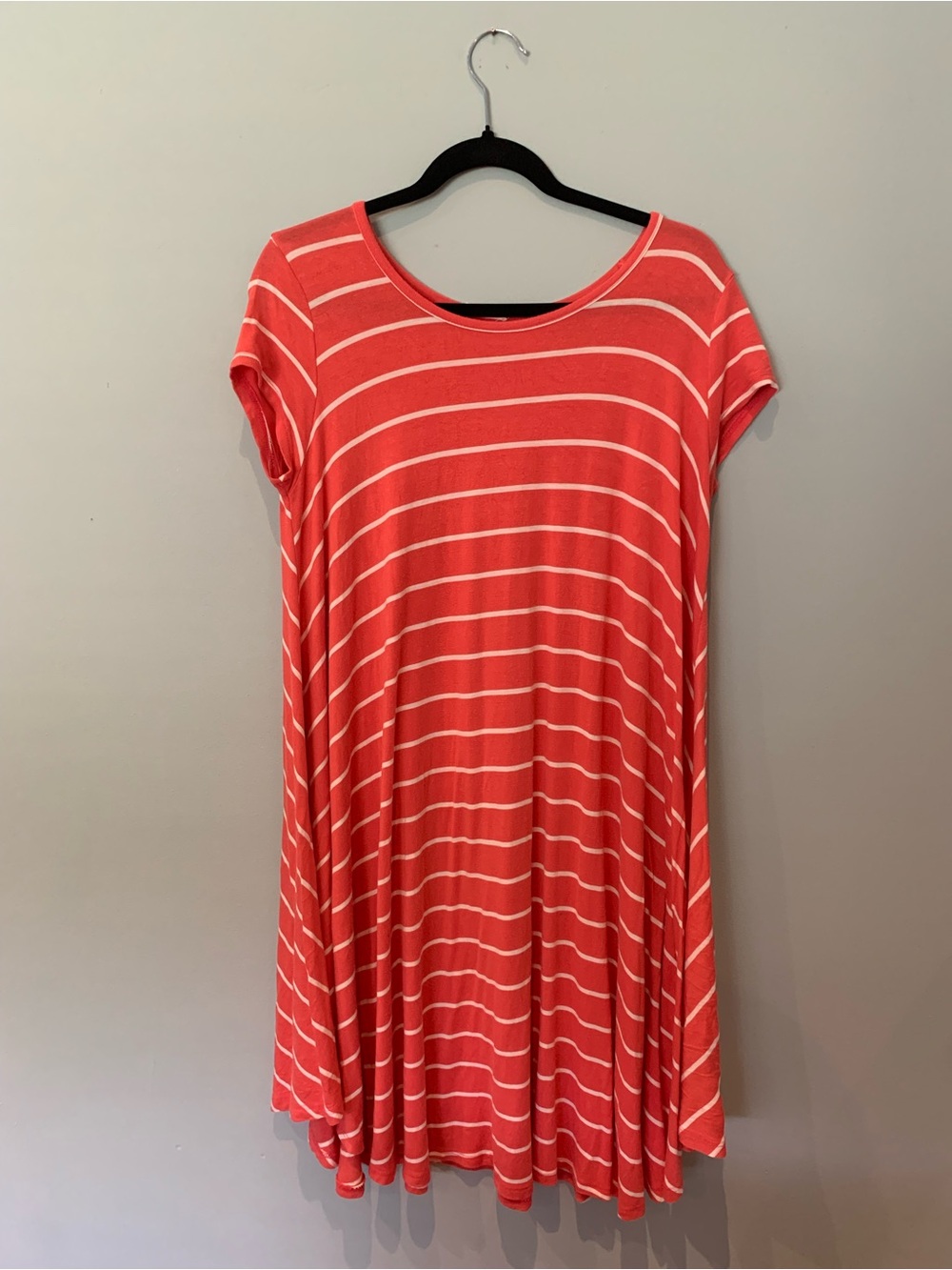 Women's Coral and White Striped Midi Dress - Casual Swing